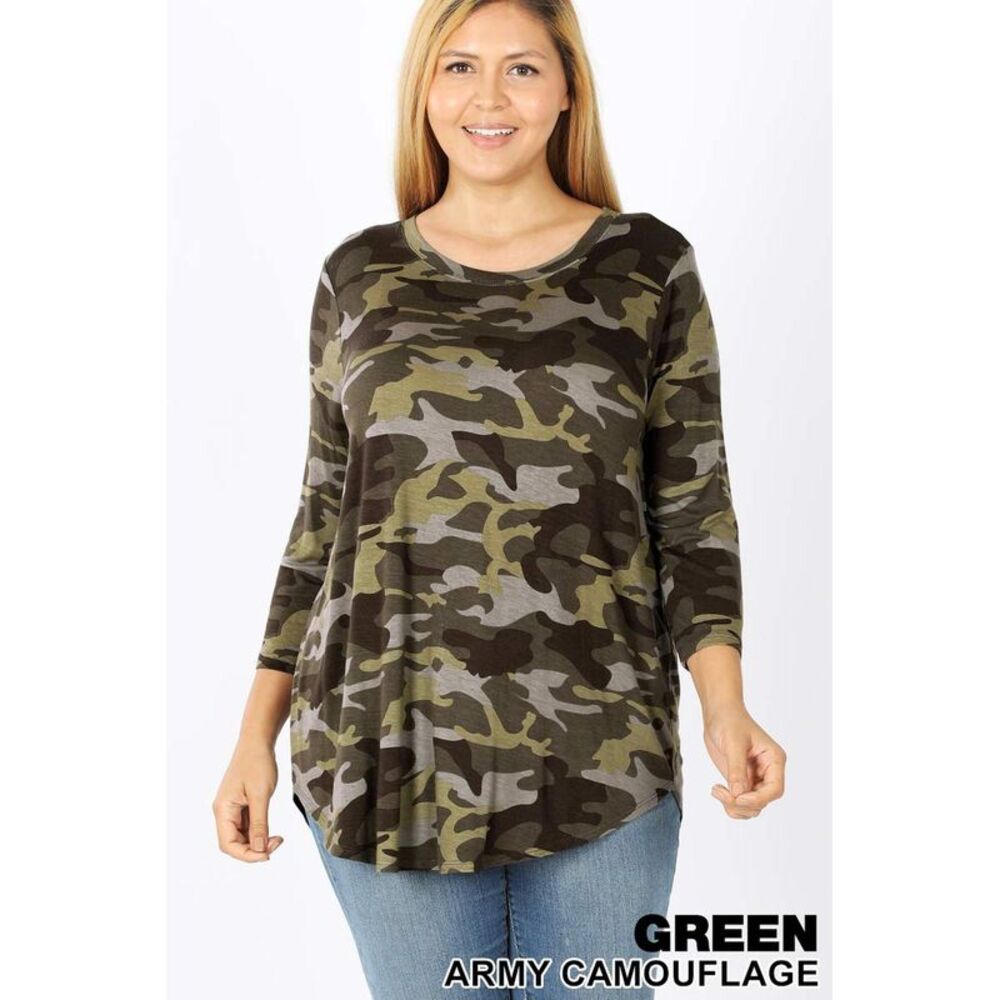 World of Leggings Rayon Camouflage 3/4 Sleeve Round Neck & Hem Top